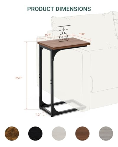 C-Shaped Side Table for Couch - 2-Pack Rustic Walnut Without Power Outlets