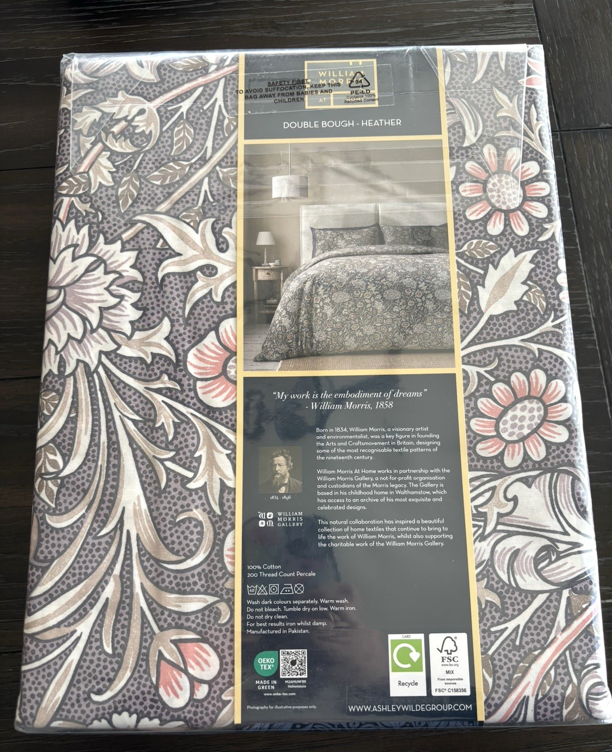 William MORRIS & CO King Duvet Set Double Bough Heather 100% Cotton Purple Pink