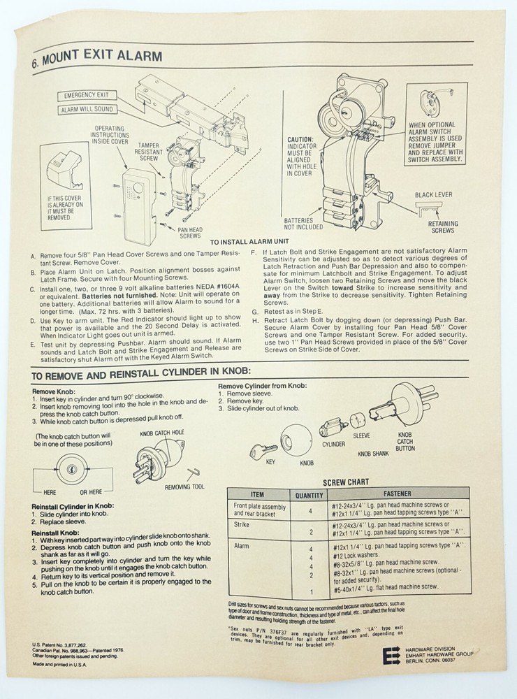 Corbin Russwin Alarm Unit 277 Series Rim Exit Device E250