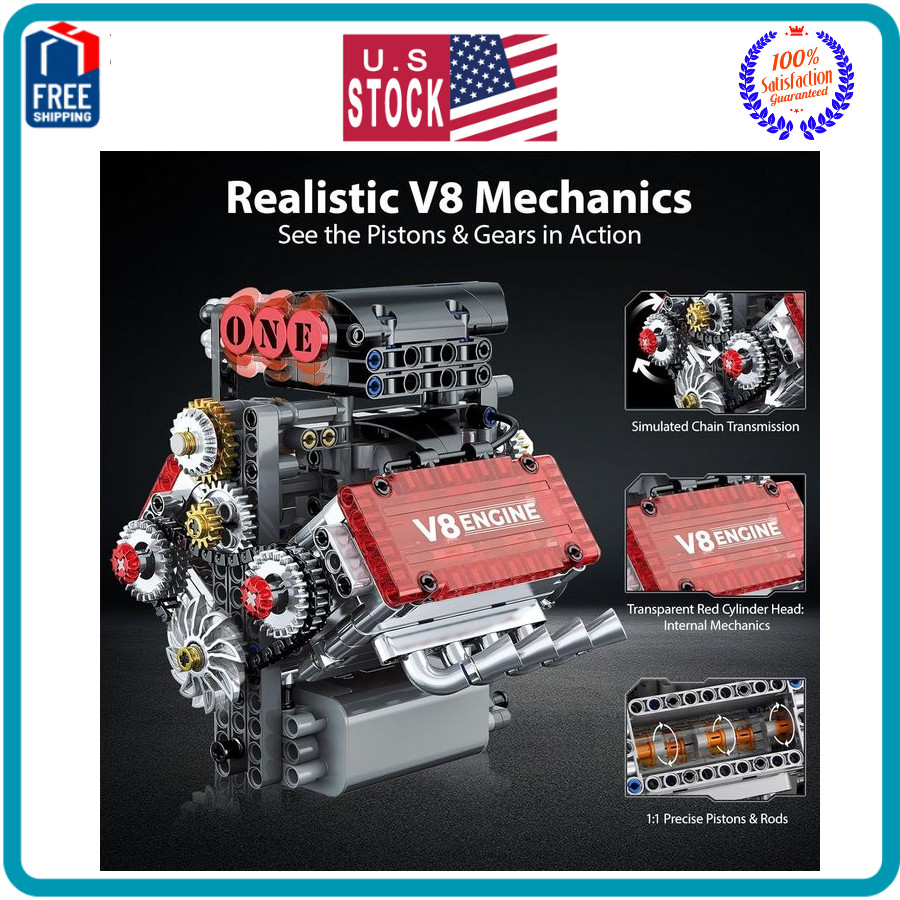 V8 Engine Model Kit That Runs STEM Mini Engine w Motor Sound 478PCS