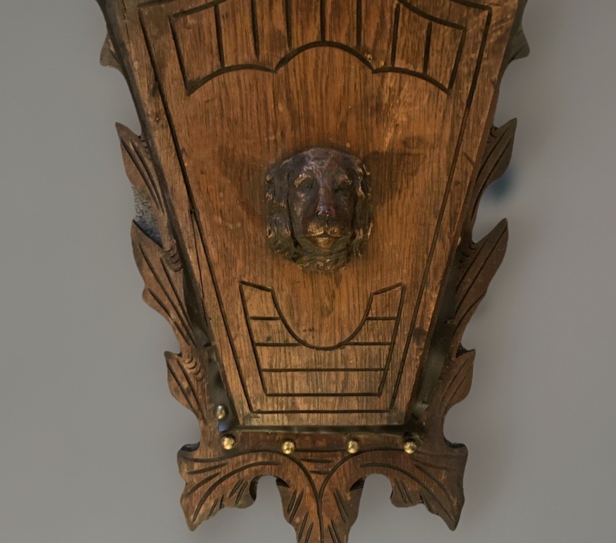 Antique Victorian Walnut Wall pocket Magazine Newspaper Rack Holder Spaniel Dog