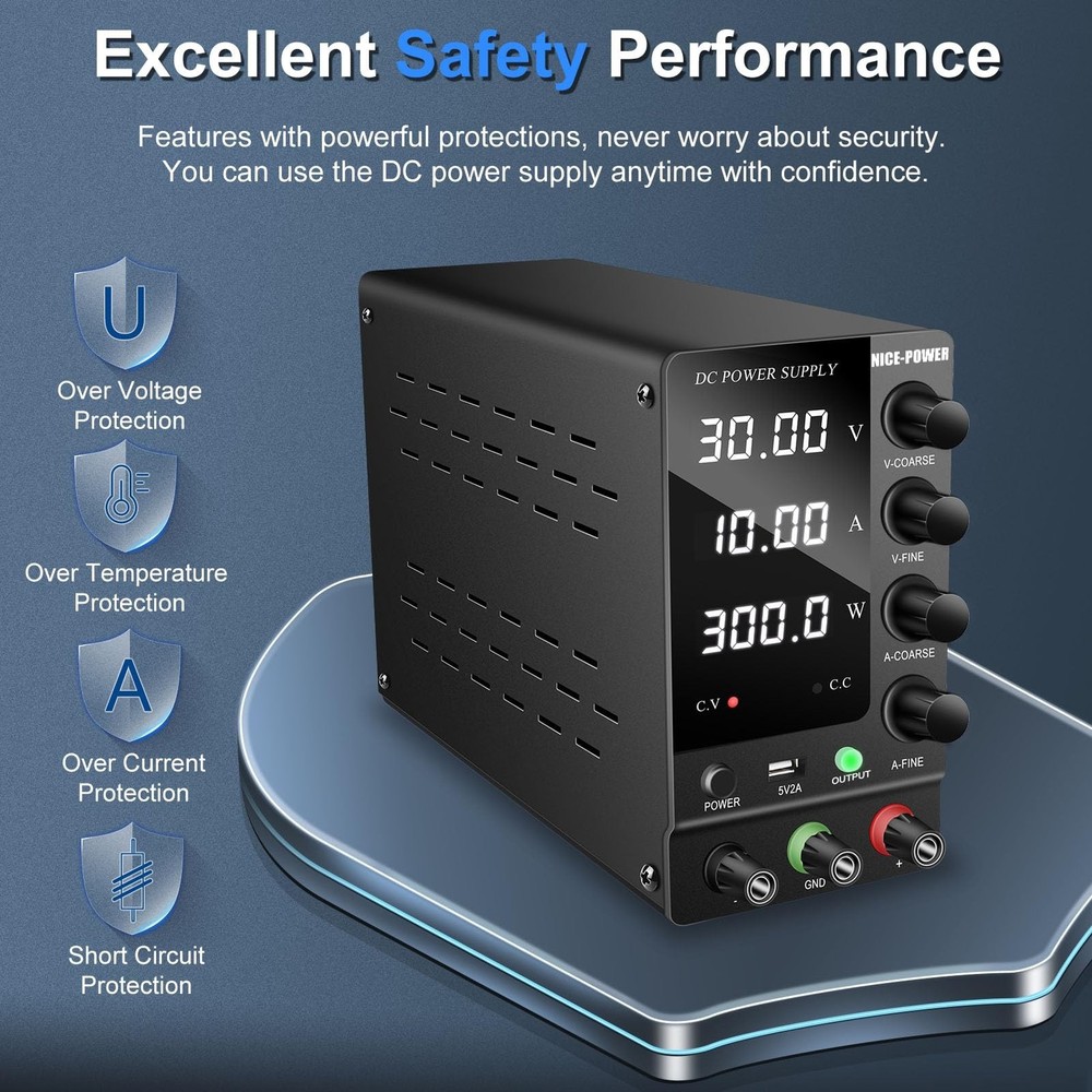 DC Power Supply Variable 30V 10A, Adjustable Switching Regulated DC Bench Power