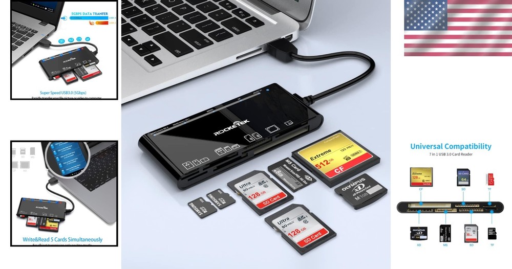 USB 3.0 Memory Card Reader, 7 in 1 Adapter Hub, for SD, CF, TF, Micro SD, XD, MS