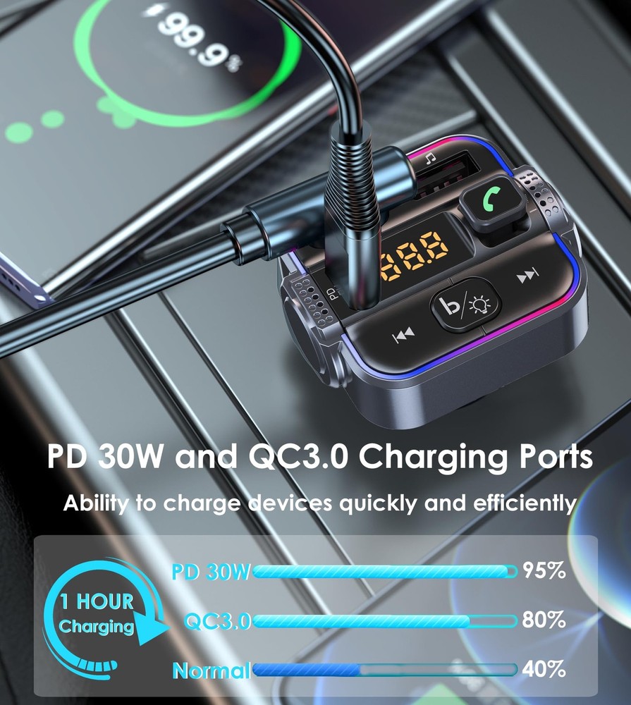 Bluetooth 5.3 FM Transmitter for Car, Dual Micphone Hands-Free small, Black