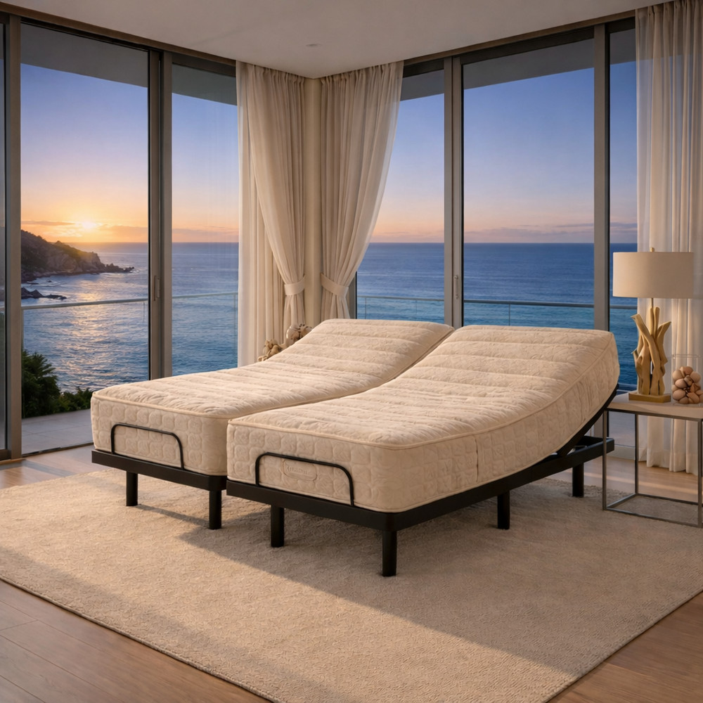 Split Queen Massaging Zero Clearance Adjustable Bed & 13" Latex Mattresses