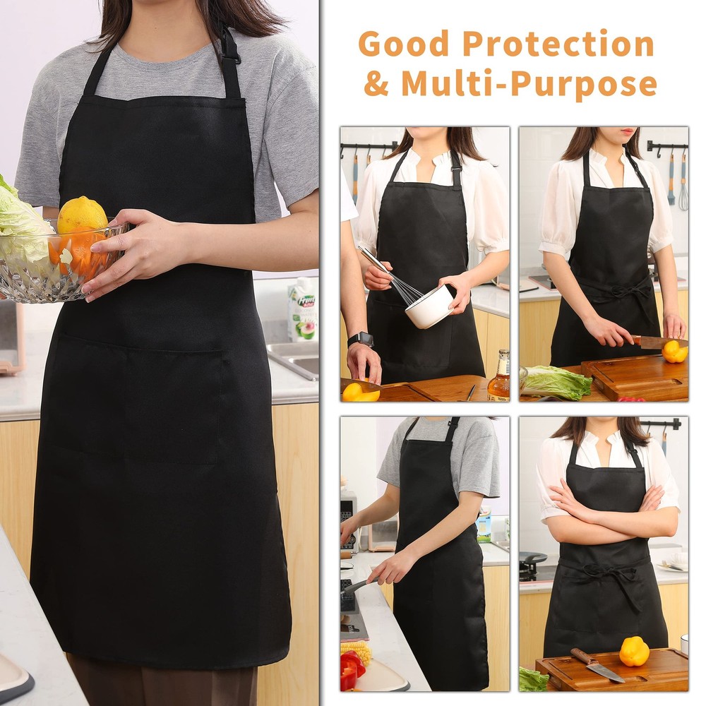 Adjustable Bib Aprons Water Resistant with 2 Pockets Black 2 Pack