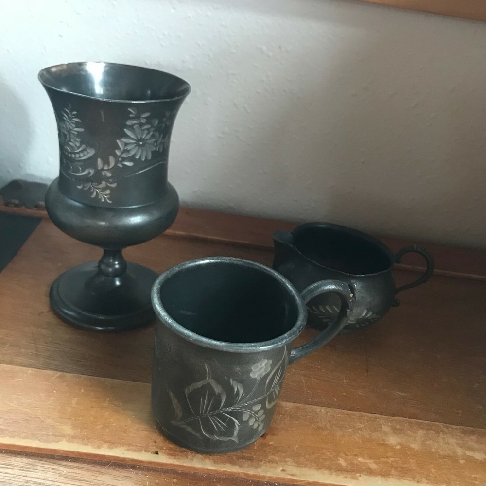 Vintage Lot of Victor Quadruple Silverplate Floral Etched Metal Chalice Small Cu