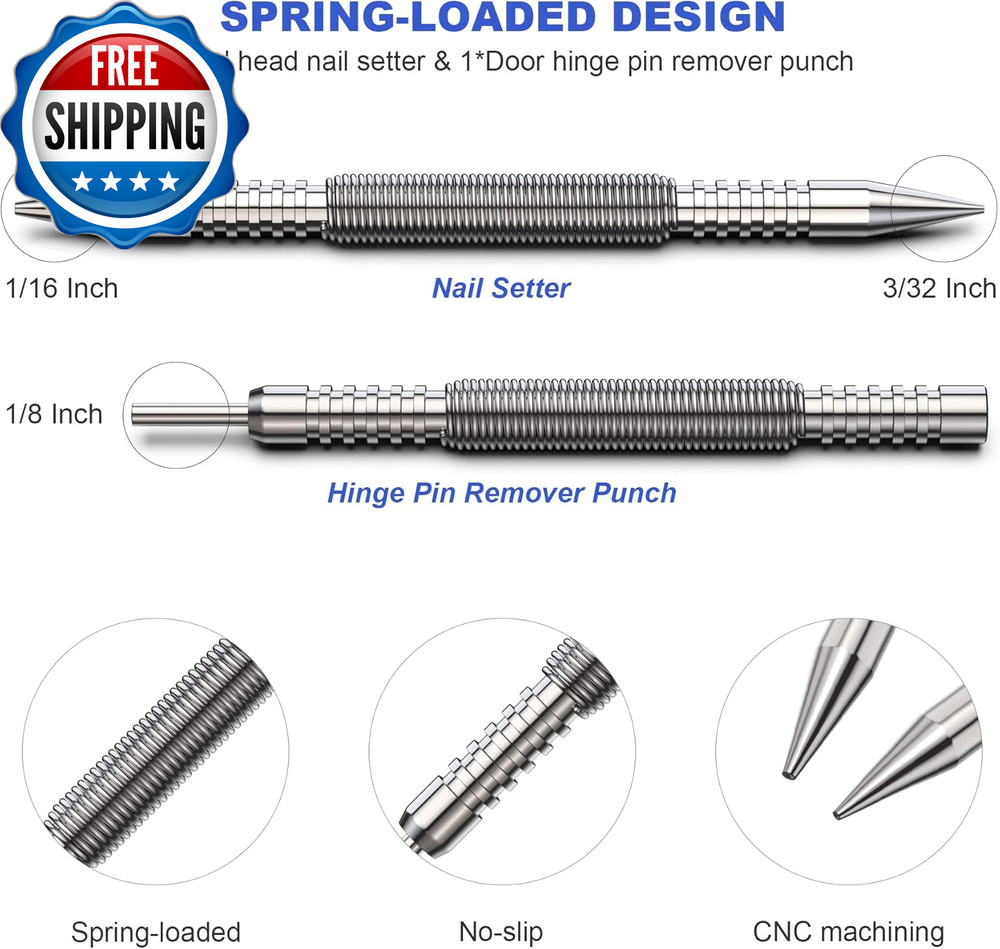 Spring Loaded Nail Set Tools2 Pcs Dual Head Nail Setter and Hinge Pin Punc...