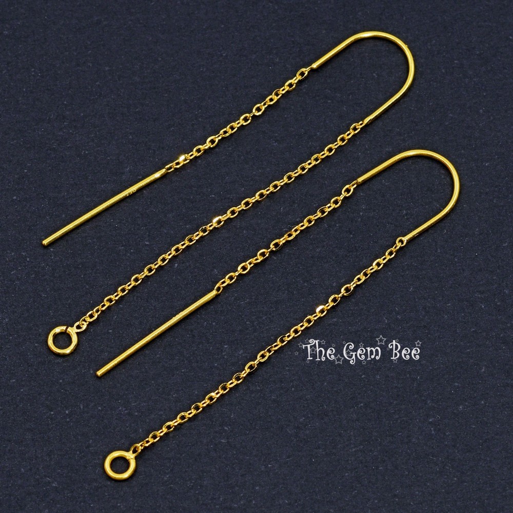 18K Solid Yellow Gold Ear Thread Earwire with loops 1.85 Inch Length