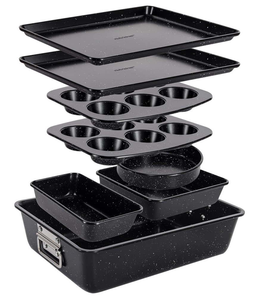 NutriChef 8-Piece Stackable Bakeware Set (Black Marble)