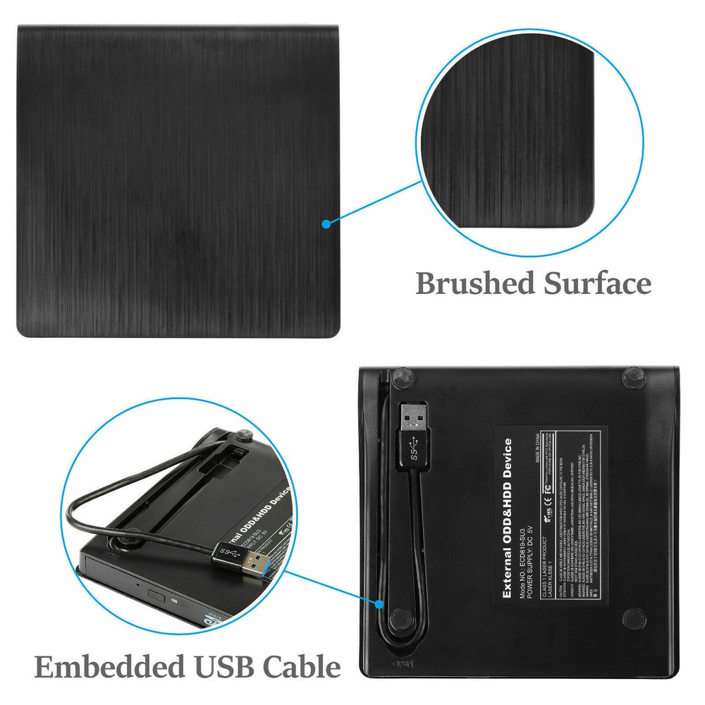 Slim External CD/DVD Drive USB 3.0 Player Burner Reader for Laptop PC Mac HP