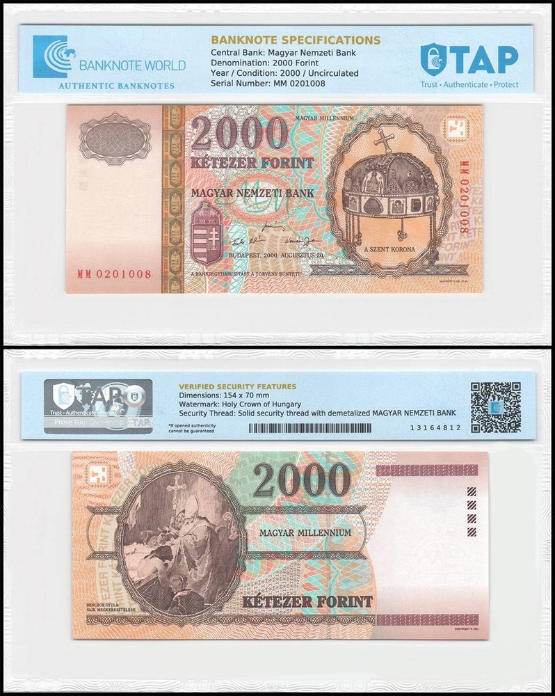 Hungary 2000 Forint, 2000, P-186, UNC, Commemorative, TAP Authenticated