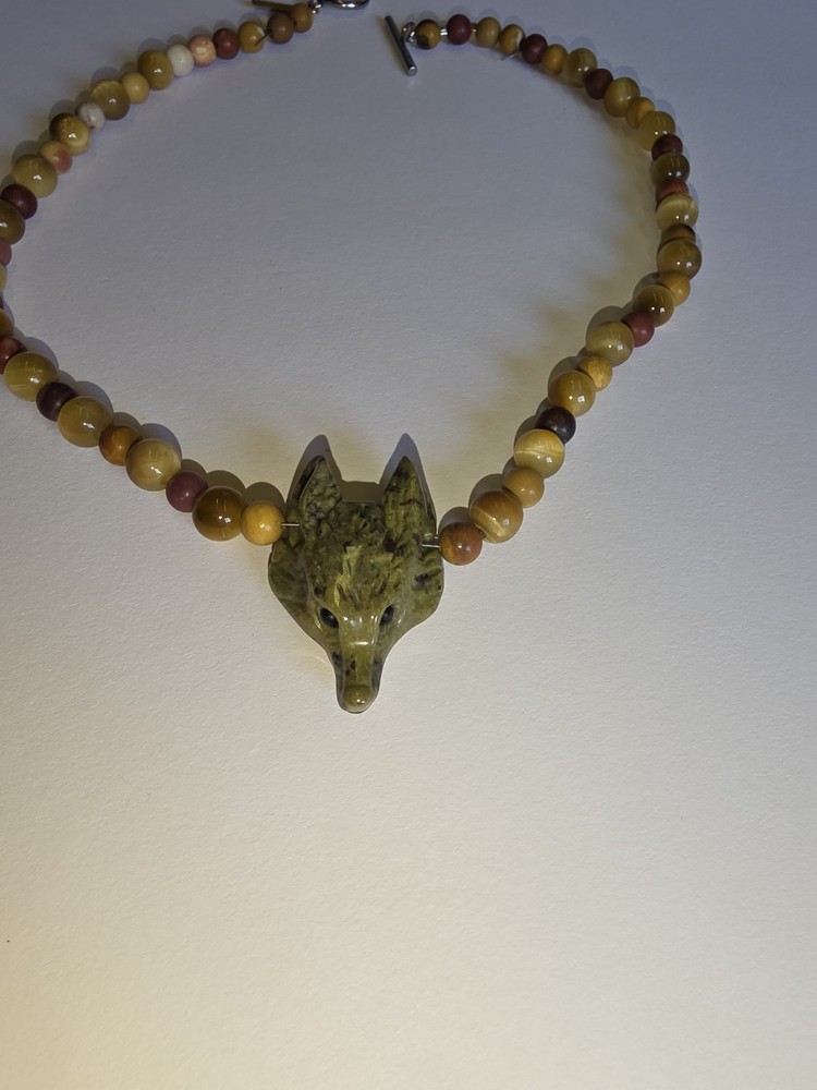 Carved Stone Wolf Fox Head Neclace