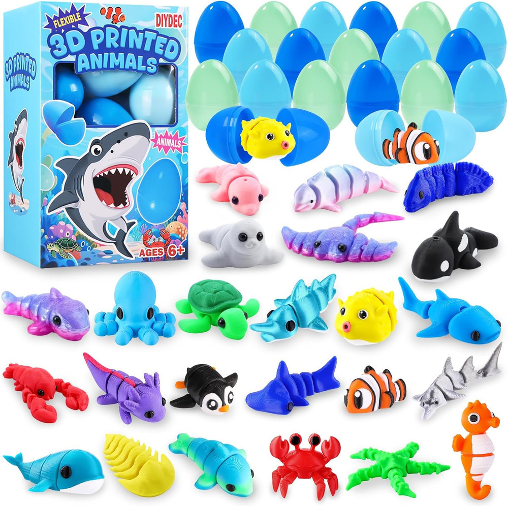 24Pcs Prefilled with Easter Eggs 3D Printed Animals, Mini 3D Printed Ocean Figur