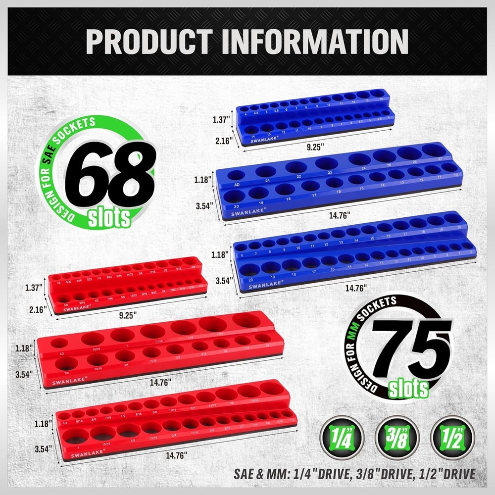 Magnetic Socket Organizer Set 6pcs, Holds 143 Sockets, Assorted Sizes, Heavy ...