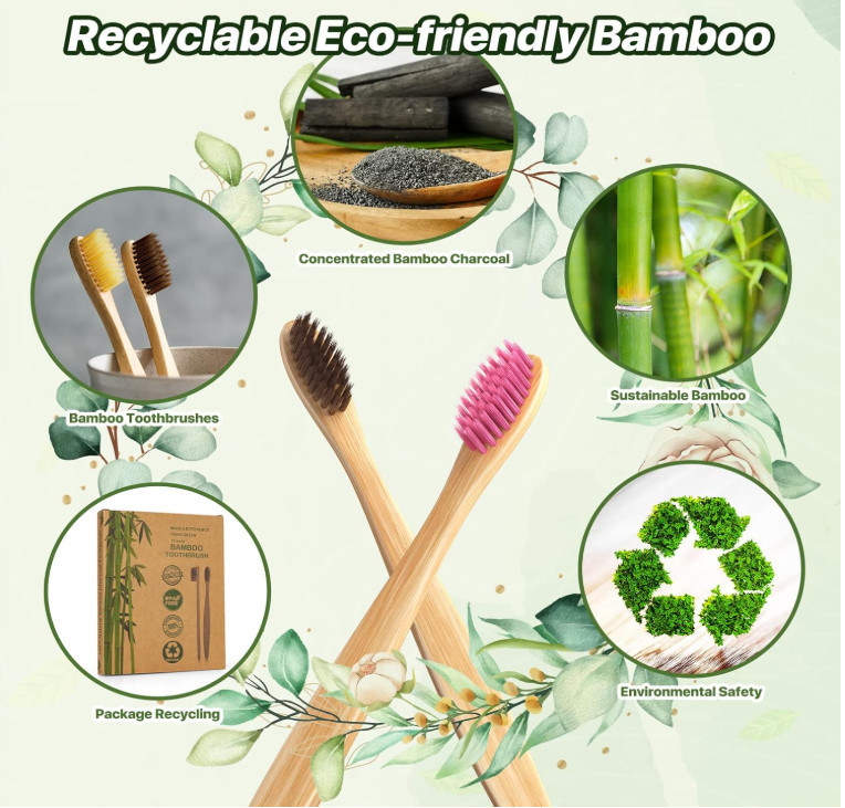 Bamboo Toothbrushes 10 Pack Biodegradable Soft Medium Charcoal Bristles