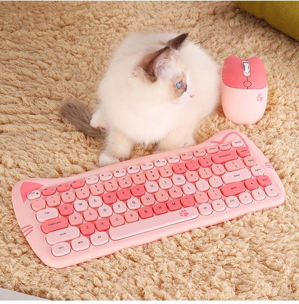 Open Box Ubotie Pink Cat Wireless Keyboard & Mouse Set See Notes