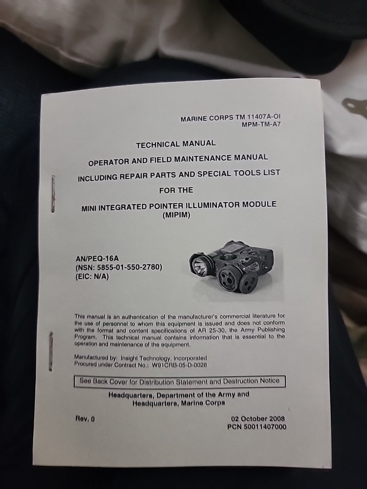 AN/PEQ-16A Pouch,Tech Manual, Laminated Card+Pattern diffusers+straps NEW+AFAK