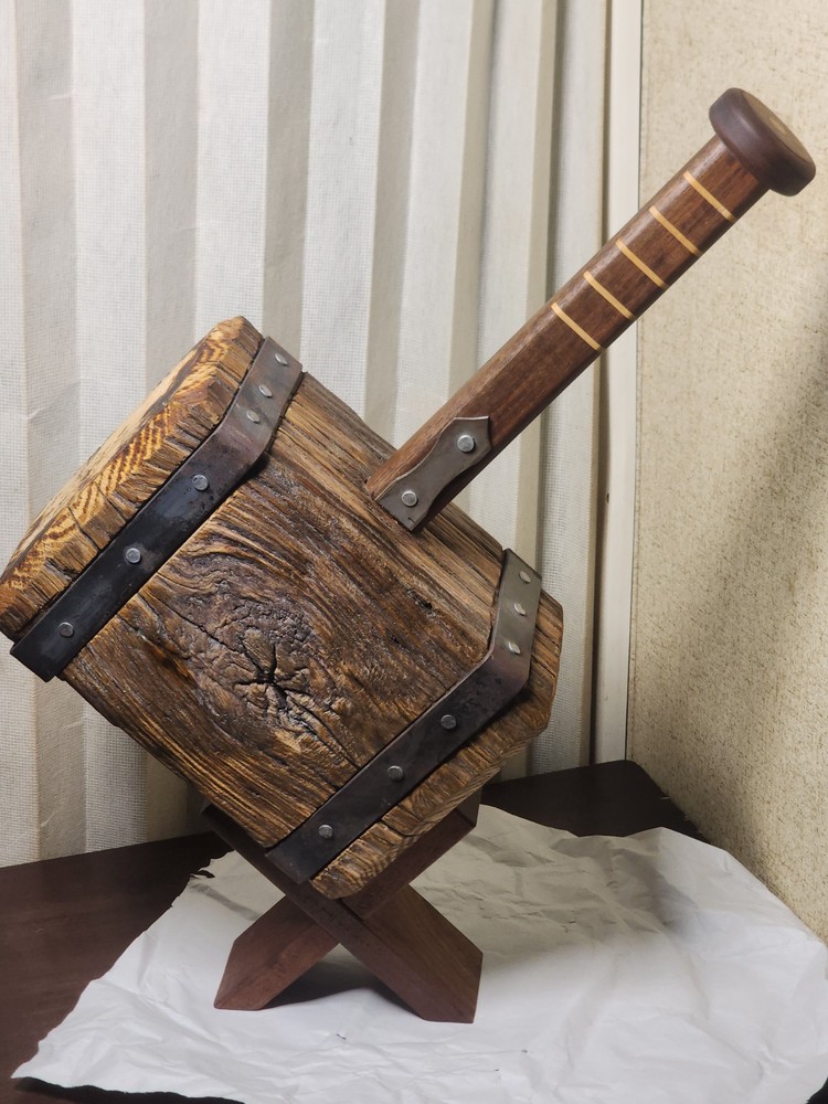 Thor's Hammer, Medieval Viking Solid Oak Head Walnut Handle With Display Stand