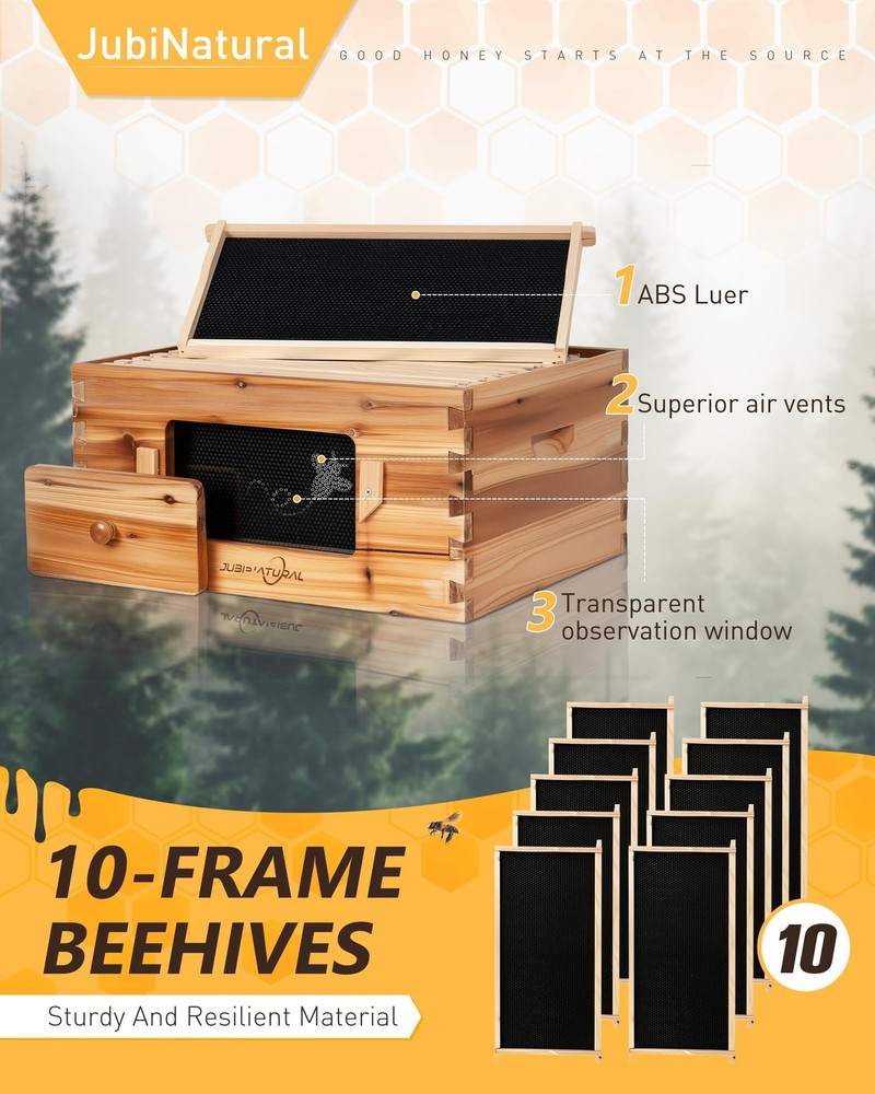 Bee Hive 10 Frame Deep Bee Box with Frames and Foundation, Beeswax Coated Lan...