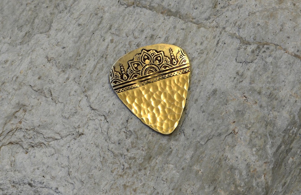Bronze mandala mendhi guitar pick with sparkling hammered texture - handmade