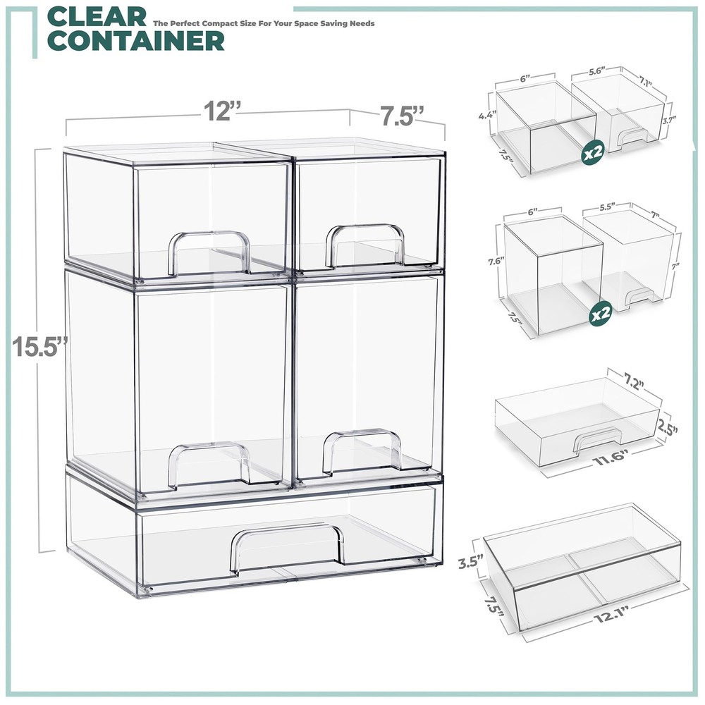 Sorbus Stackable Acrylic Storage Drawers – 2 Small + 2 Tall + 1 Wide ̵