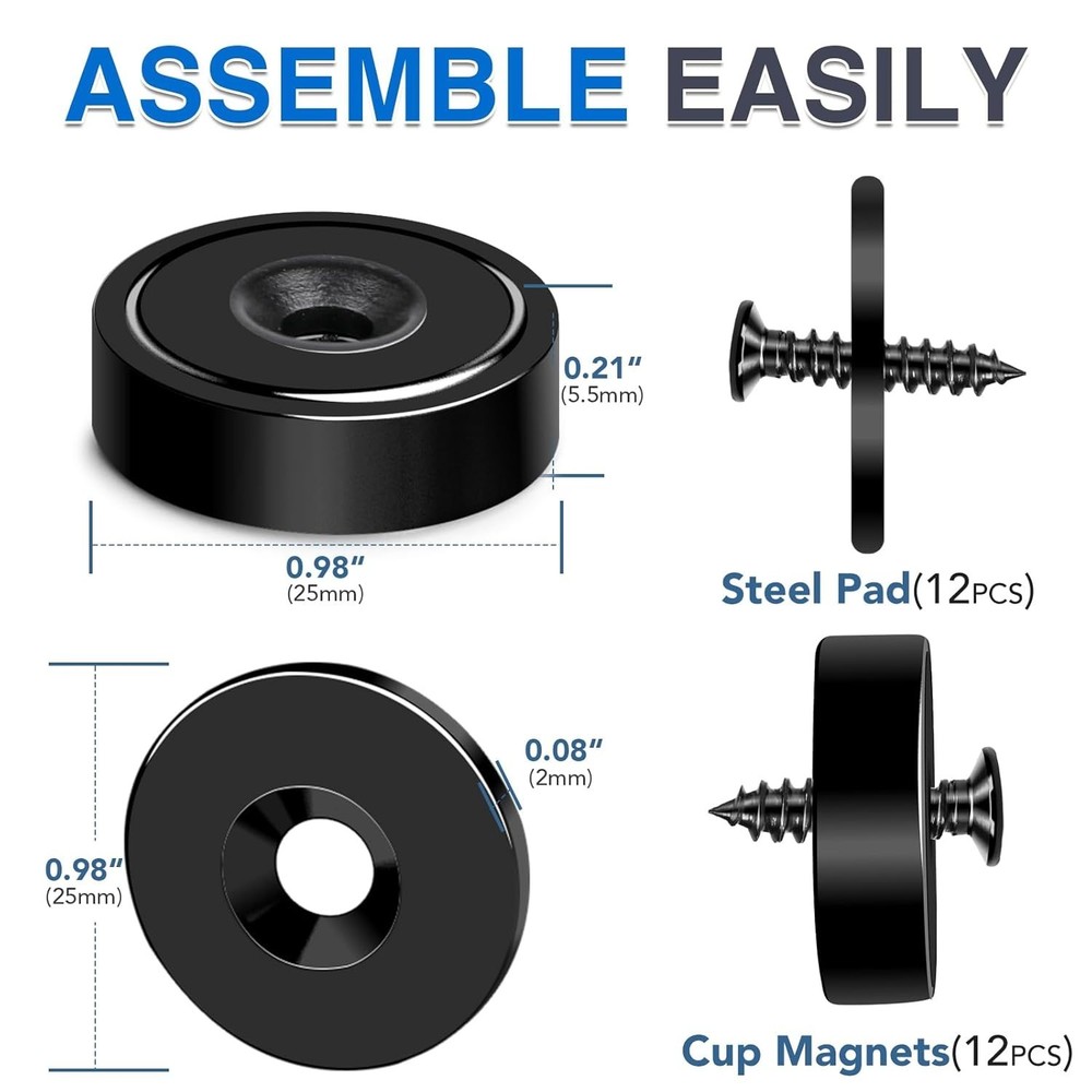 12-Pack Heavy-Duty Neodymium Cup Magnets - 70 lbs+ Pull Force, Easy Mounting