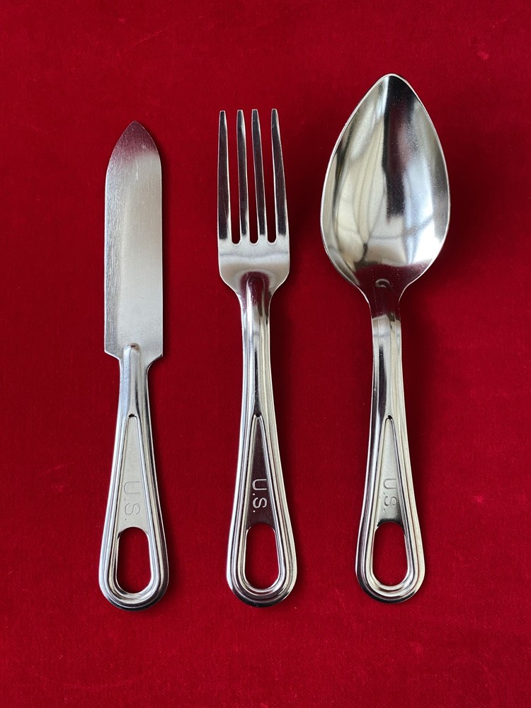 WW2 Reproduction US Army Knife Fork Spoon Set - Branded Cutlery Camping - New