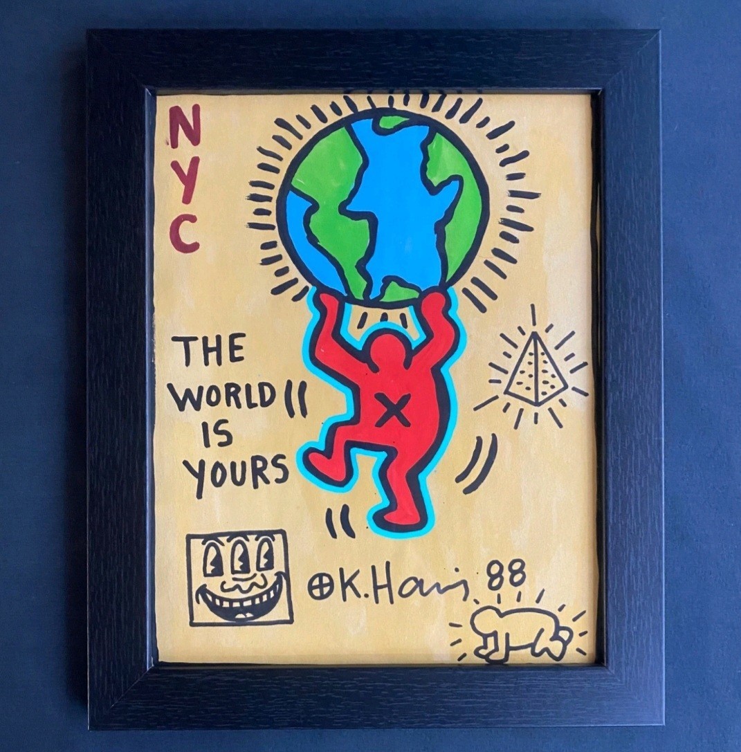 Keith Haring Drawing on Vintage Unique Paper SIGNED NYC