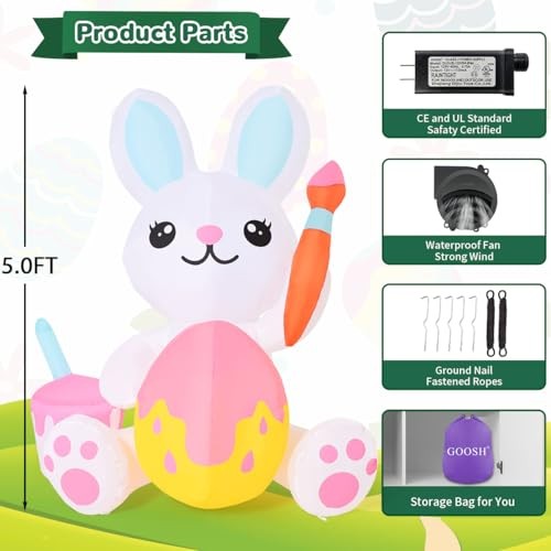 5 FT Easter Inflatables Bunny Outdoor Decorations Cute Bunny Draw Easter Eggs
