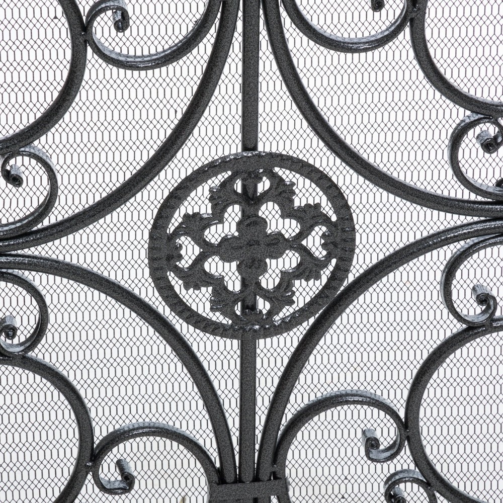 Black Silver Fireplace Screen Panel Stand Wrought Iron Mesh Victorian Scrollwork