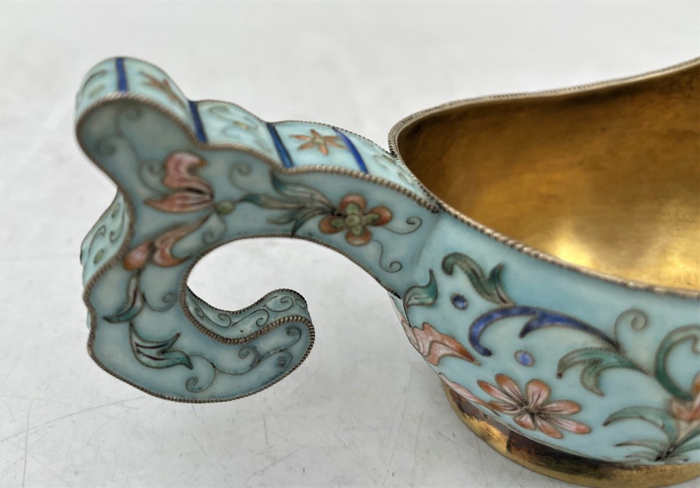 Russian Blue Cloisonne Enamel Silver Kovsh