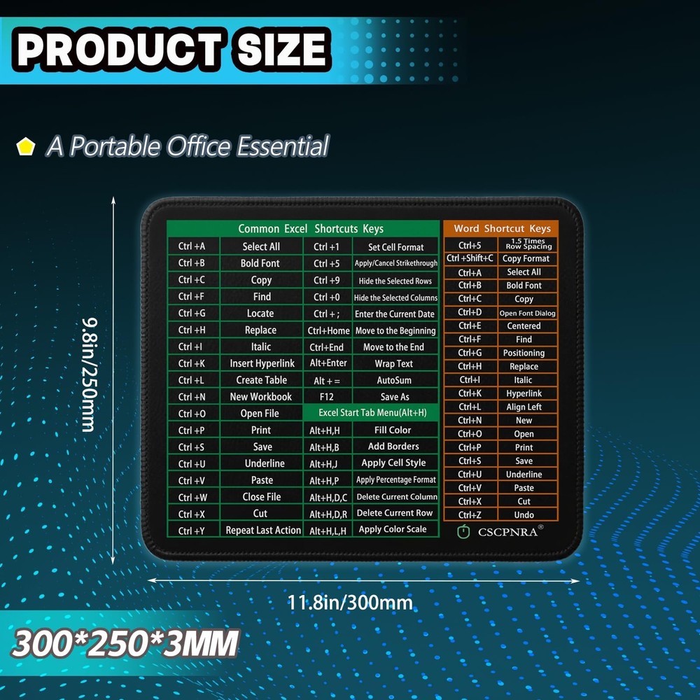 Excel Cheat Sheet Desk Pad - Word/Excel Shortcuts Mousepad, Small Office Desk...