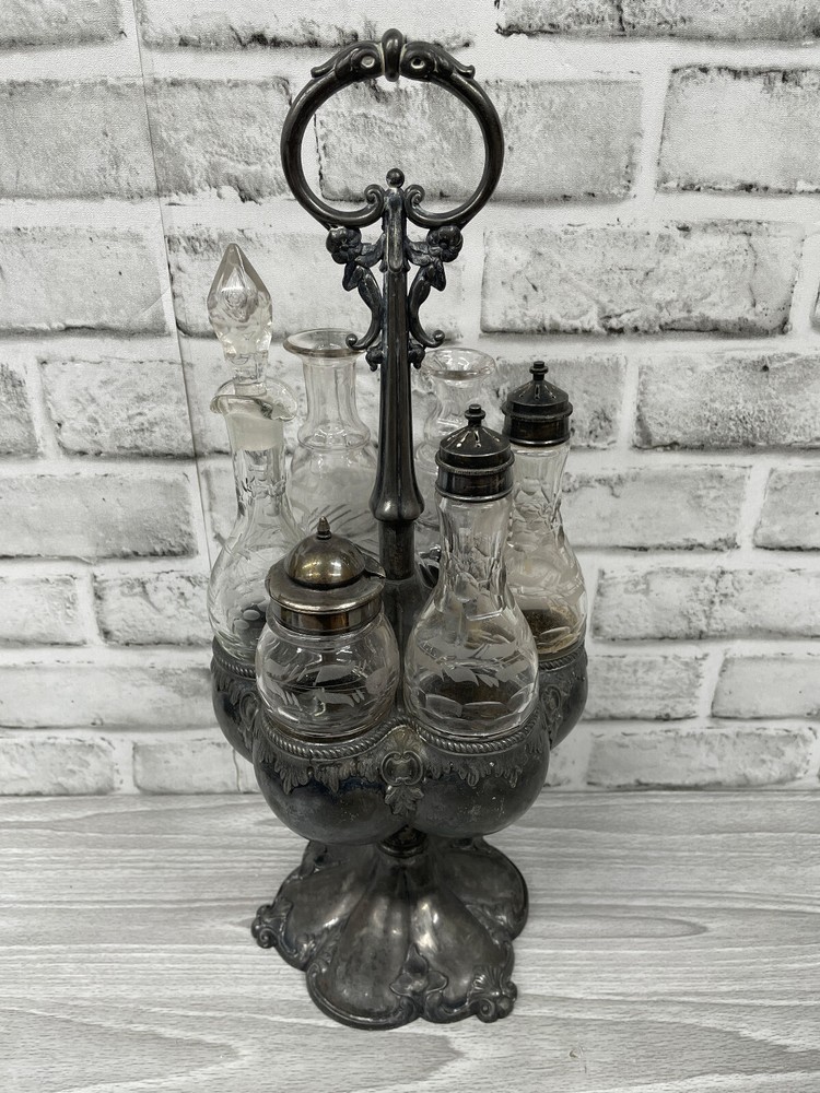 Silverplate Reed & Barton Cruet Set #1659 7 Piece On Stand