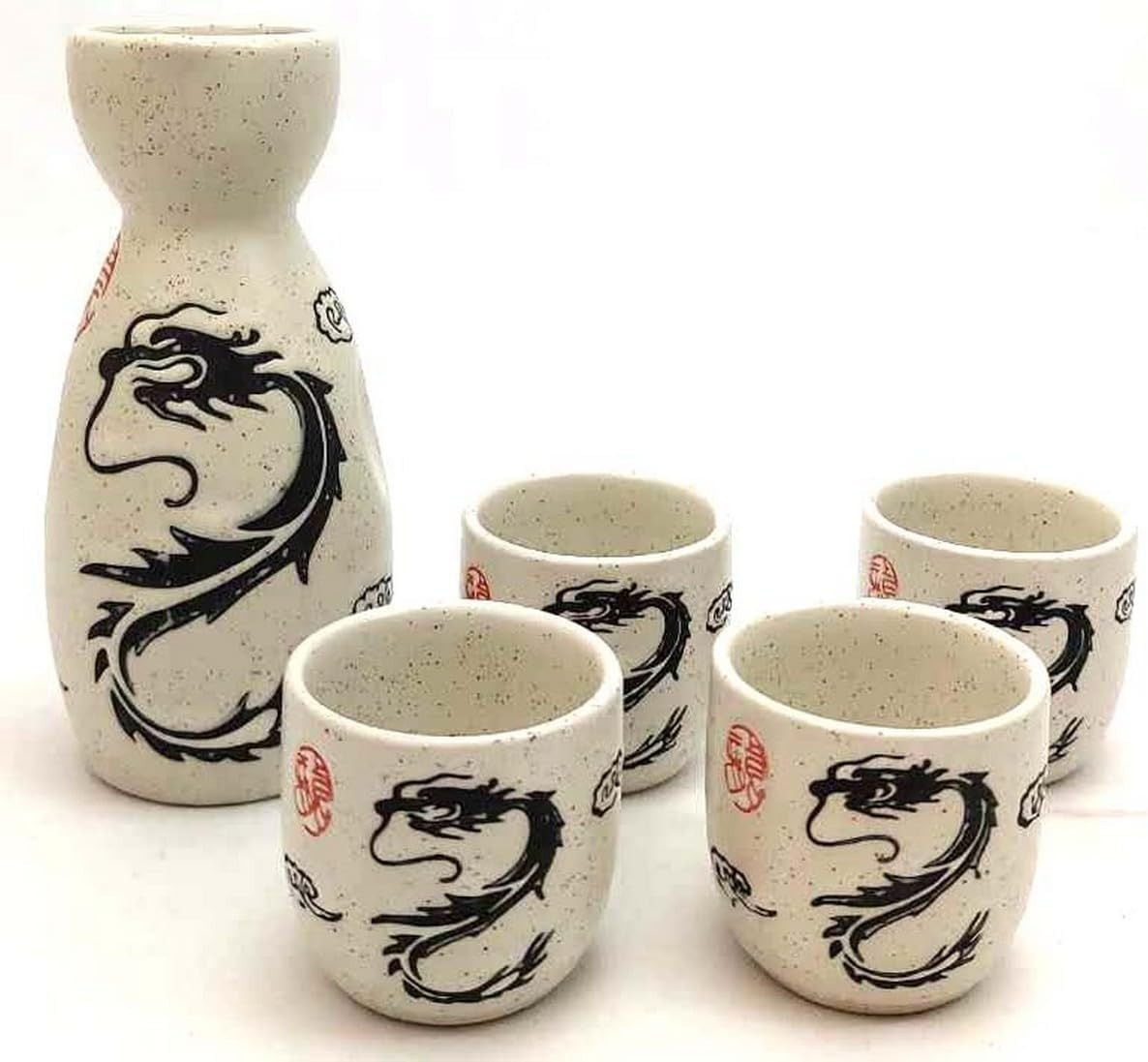 White Dragon Porcelain Sake Set Bottle  Cups Saki Set Microwave Safe 5 oz S-4912