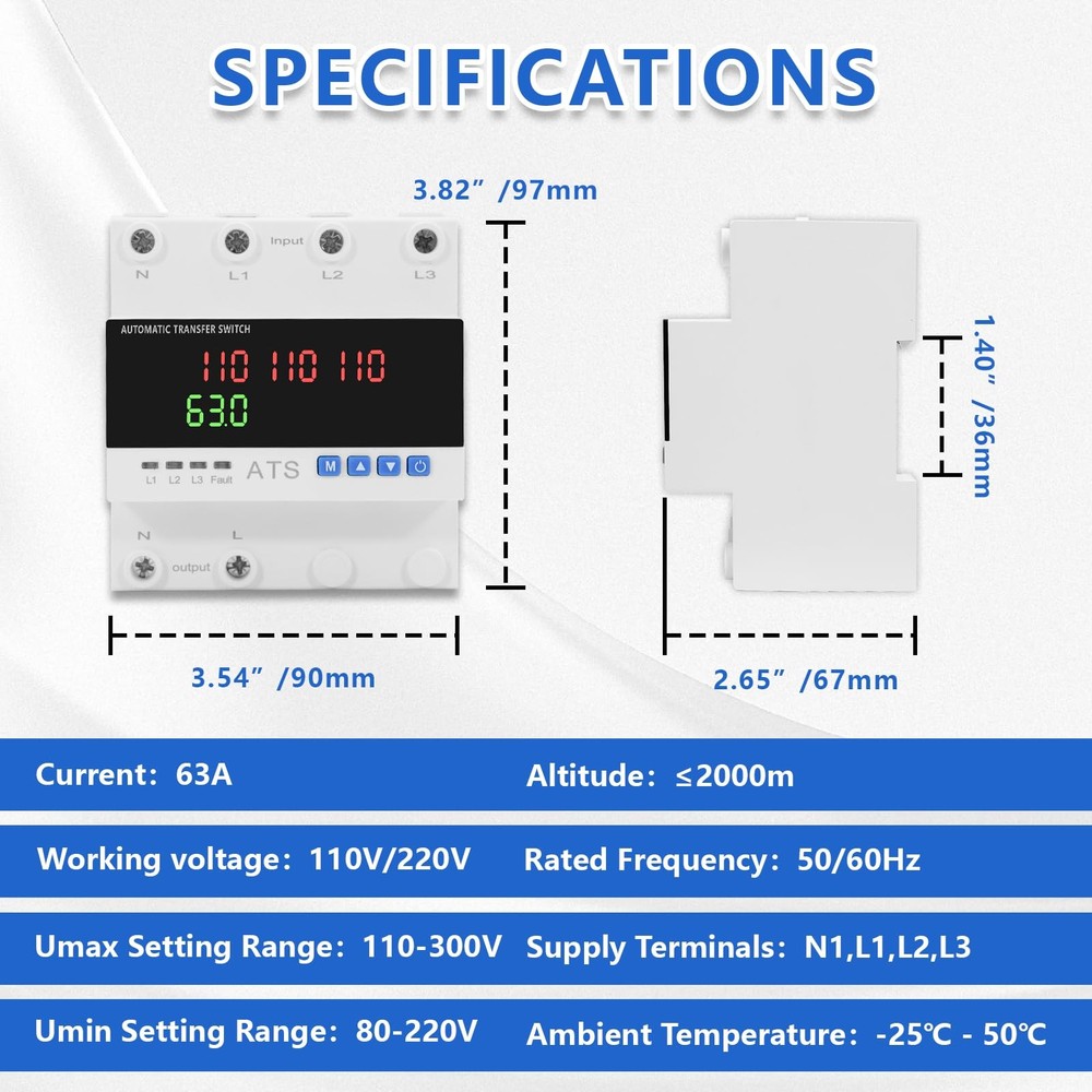 63A AC110V/120V 3-Phase Automatic Transfer Switch with 4 Digits LED...