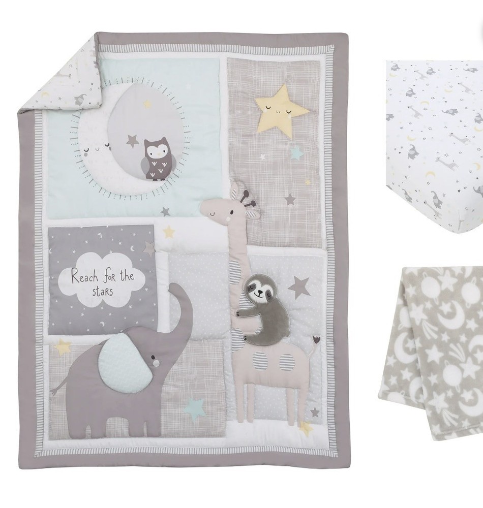 Parent's Choice Celestial 3 Piece Crib Bedding Set, Grey, Elephant, Sloth