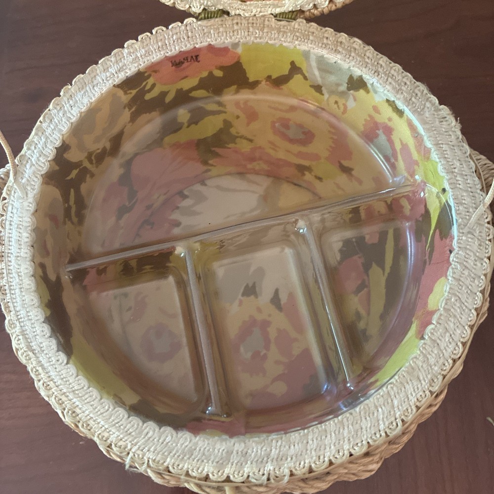 Vintage Round Woven Wicker Sewing Basket Small Boho lined w./ plastic insert