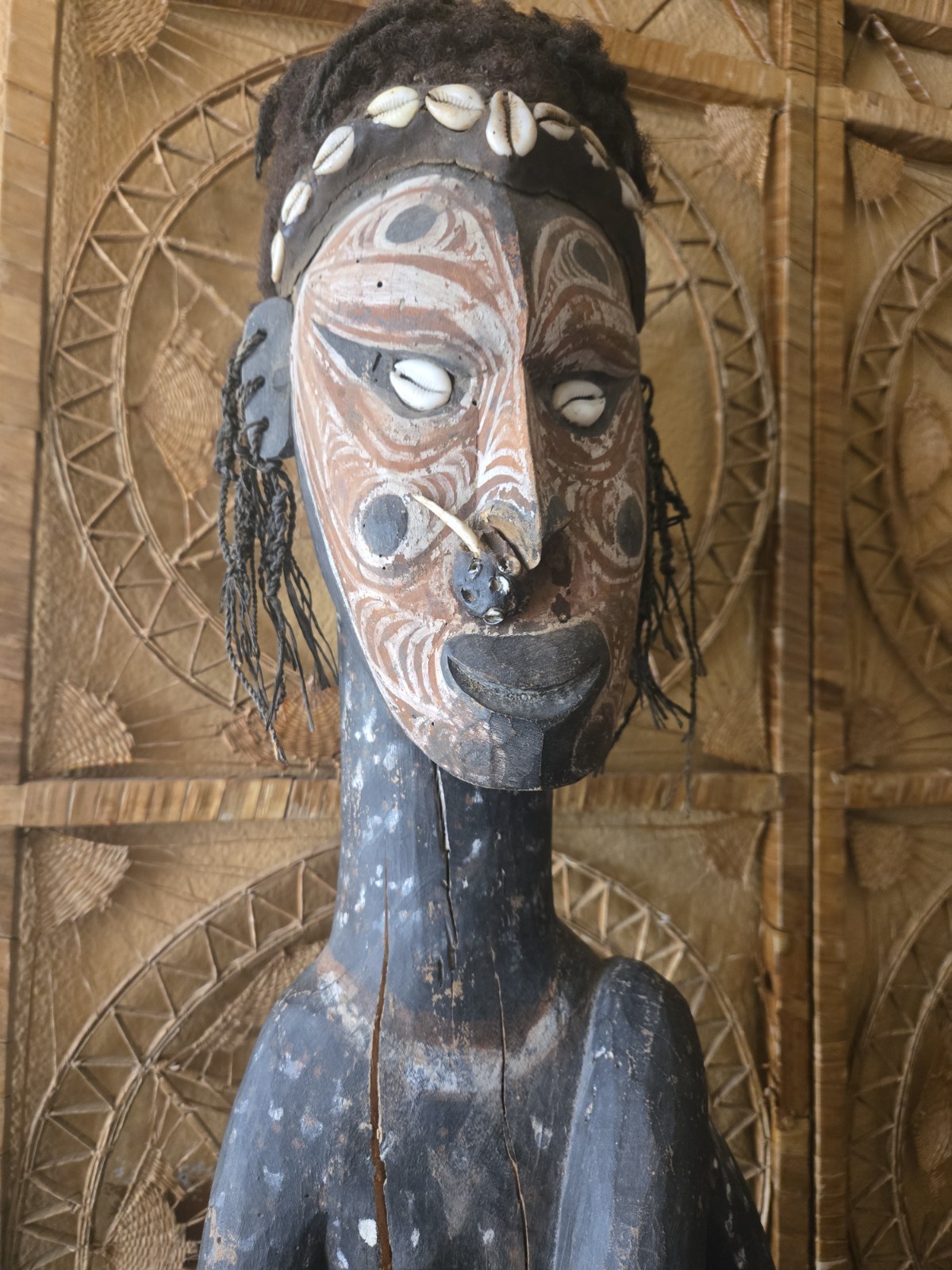 XL Papua New Guinea Ancestor Figure 46" Wood, Shell, Hair, Fiber,  Animal Motifs