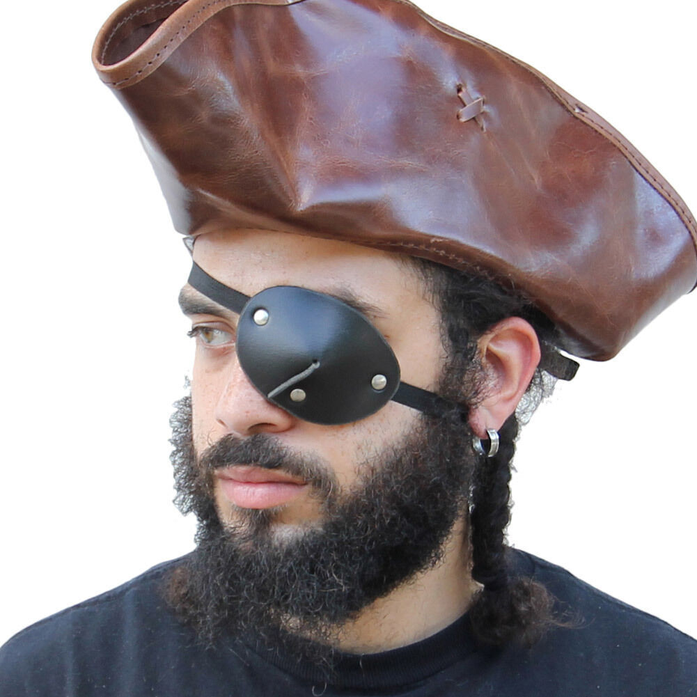 Handmade Leather Pirate Eye Patch, Dark as Night, Ribbon Ties, 100% Genuine
