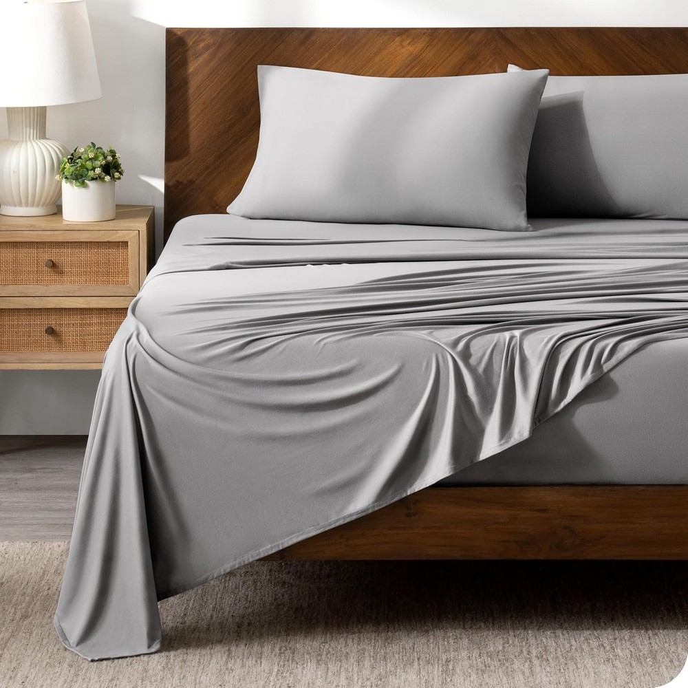 Light Grey Microfiber Bed Sheets Set with Cooling Envelope Pillowcases