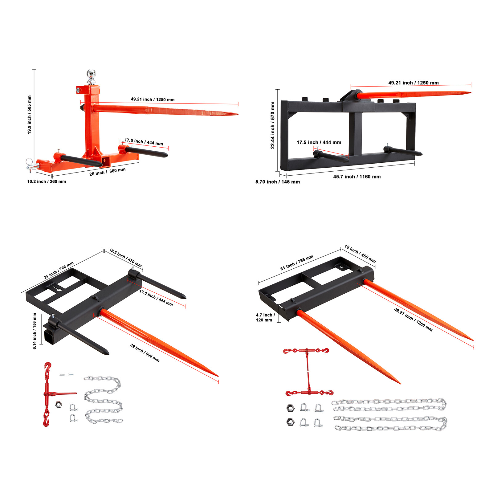 VEVOR 49/39" Hay Spear Bale Spears Skid 3-Point Hitch/Steer Loader 1600lbs