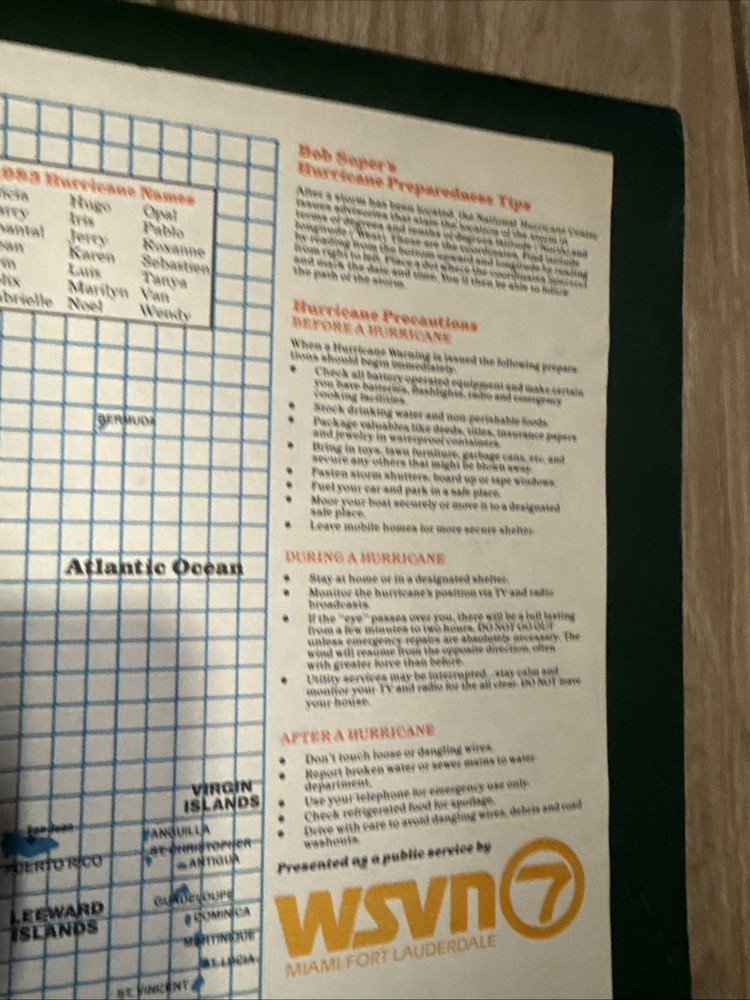 VINTAGE BOB SOPER'S HURRICANE TRACKING CHART WSVN 7