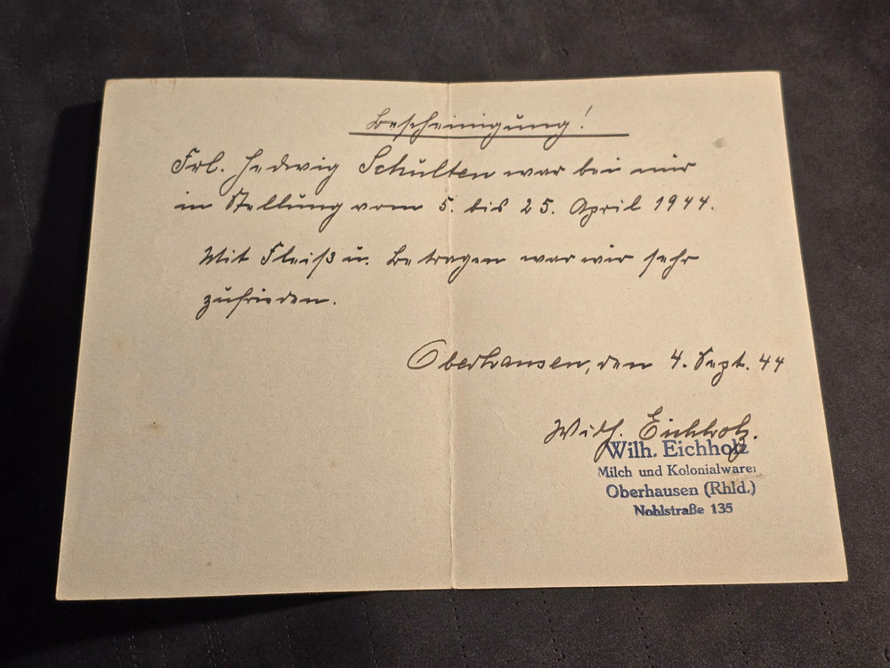 WWII WW2 Germany Third Reich girls reference letter document certificate 1944