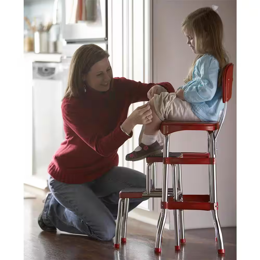 Cosco Retro Counter Chair/Step Stool, Sliding, Red