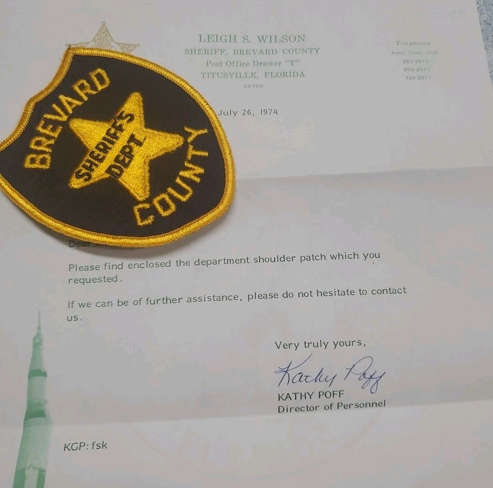 Vtg Obsolete Brevard CO Florida Sheriffs Patch W/ Note