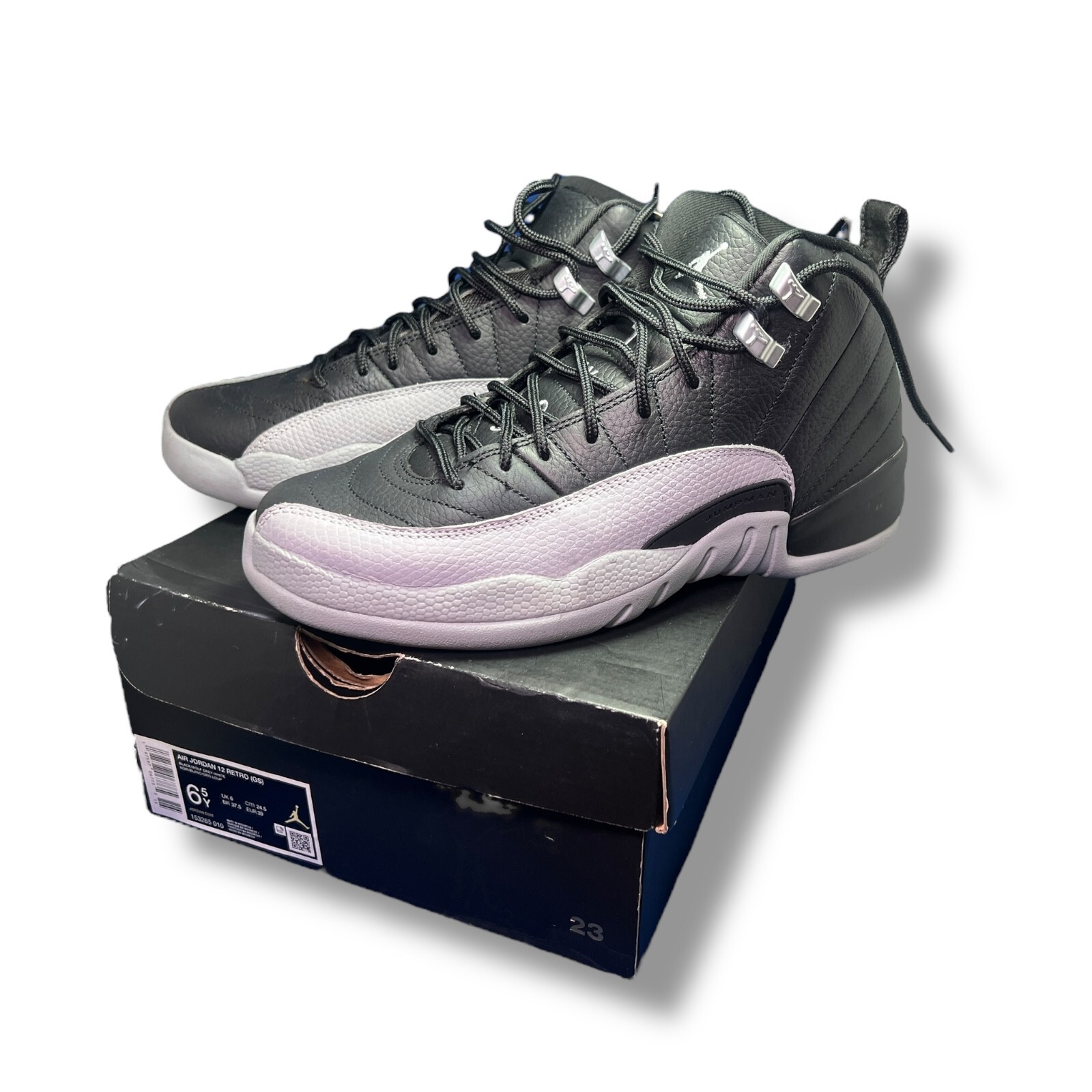 Nike Air Jordan 12 Retro GS Black Wolf Grey White 153265-010 Youth 6.5Y EUR 39