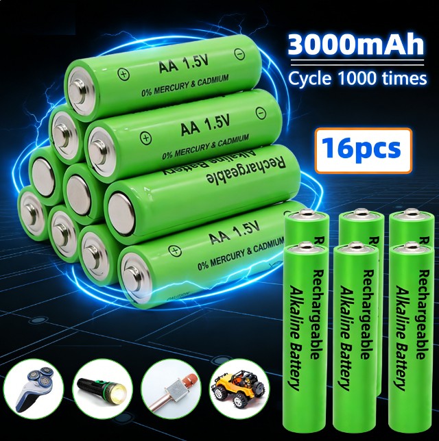 16Pcs Alkaline Battery 1.5V AA/ AAA Rechargeable Batteries 3000mAh 1000 Cycle