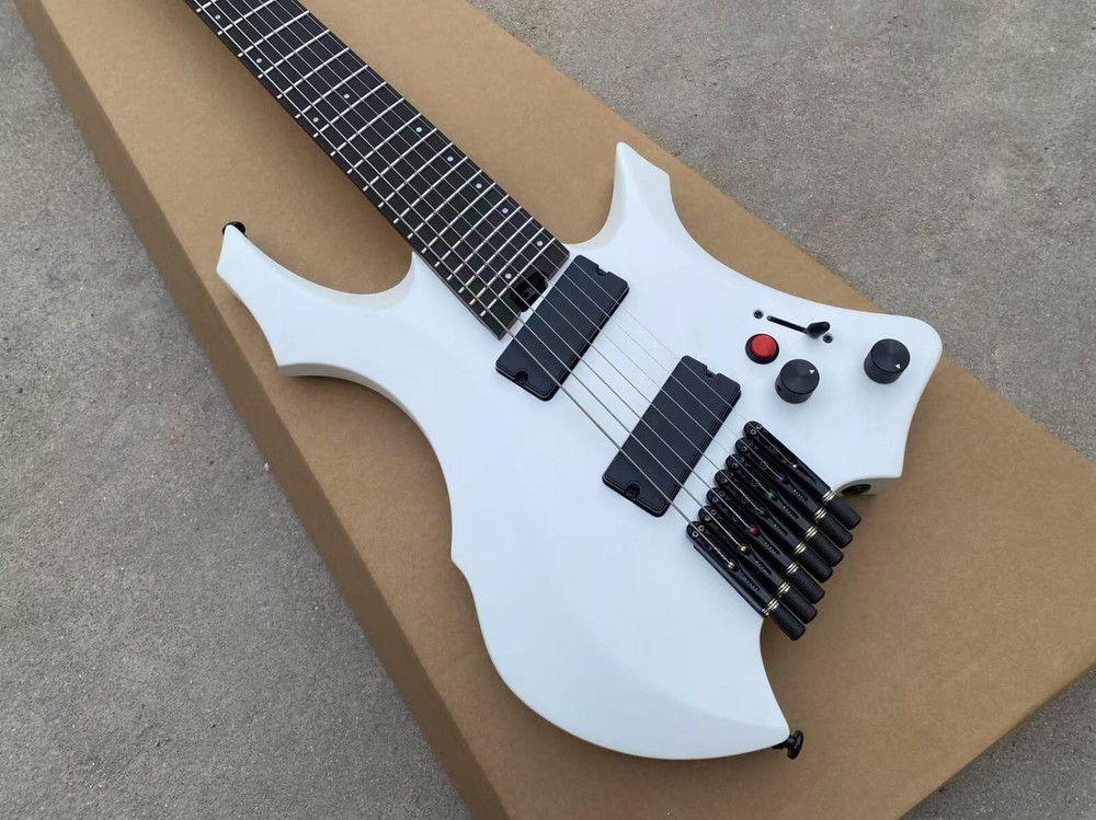 Satin White 7 String Headless Electric Guitar Red Killswitch Active Pickups