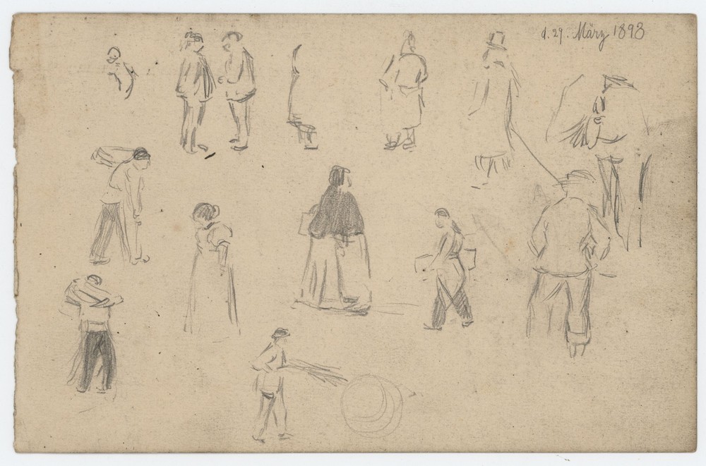 Study Pencil Drawing Passersby Craftsmen Work Professions 1898 Dated